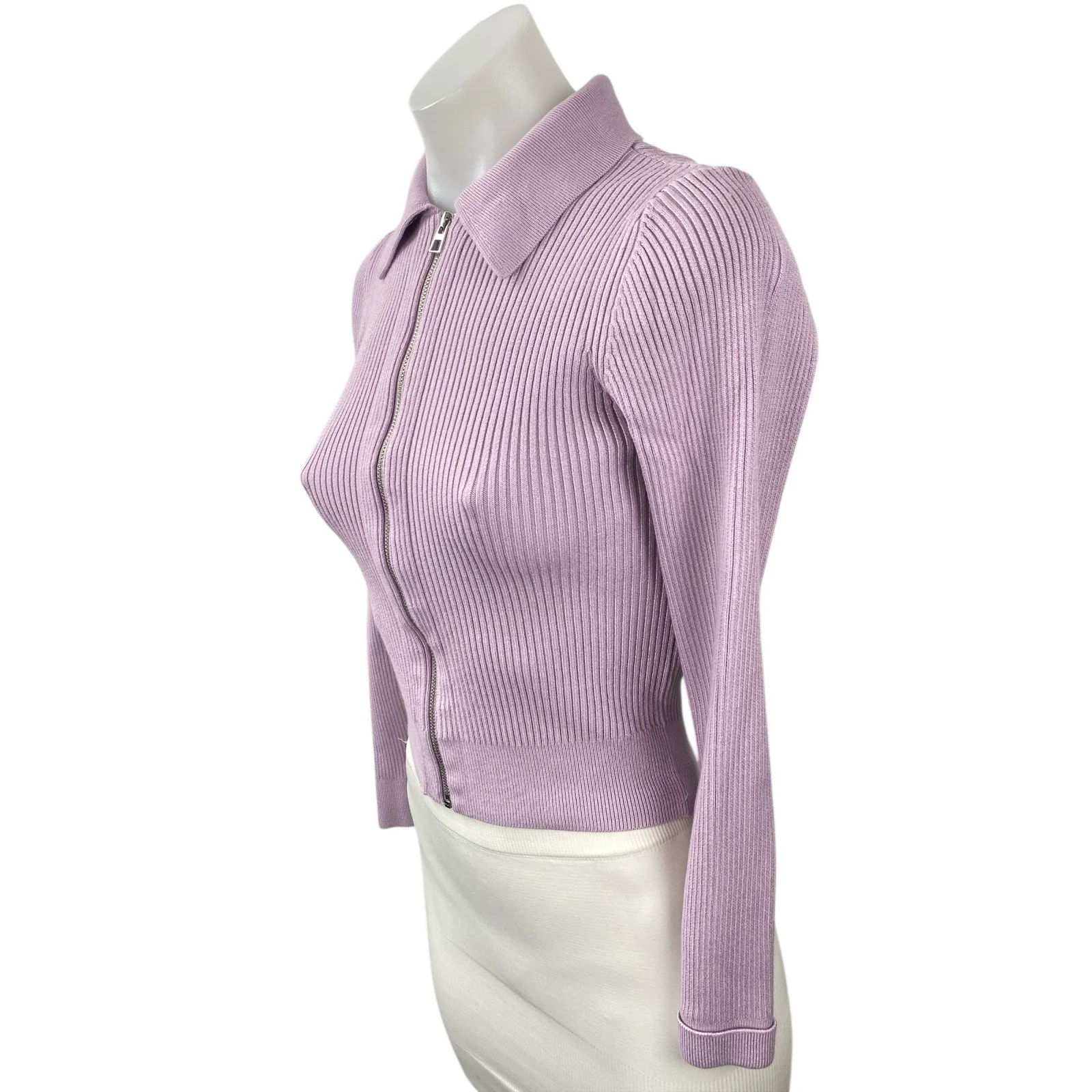 & Other Stories Women's Purple Lilac Ribbed Knit Long Sleeve Full Zip Sweater XS - Image 3