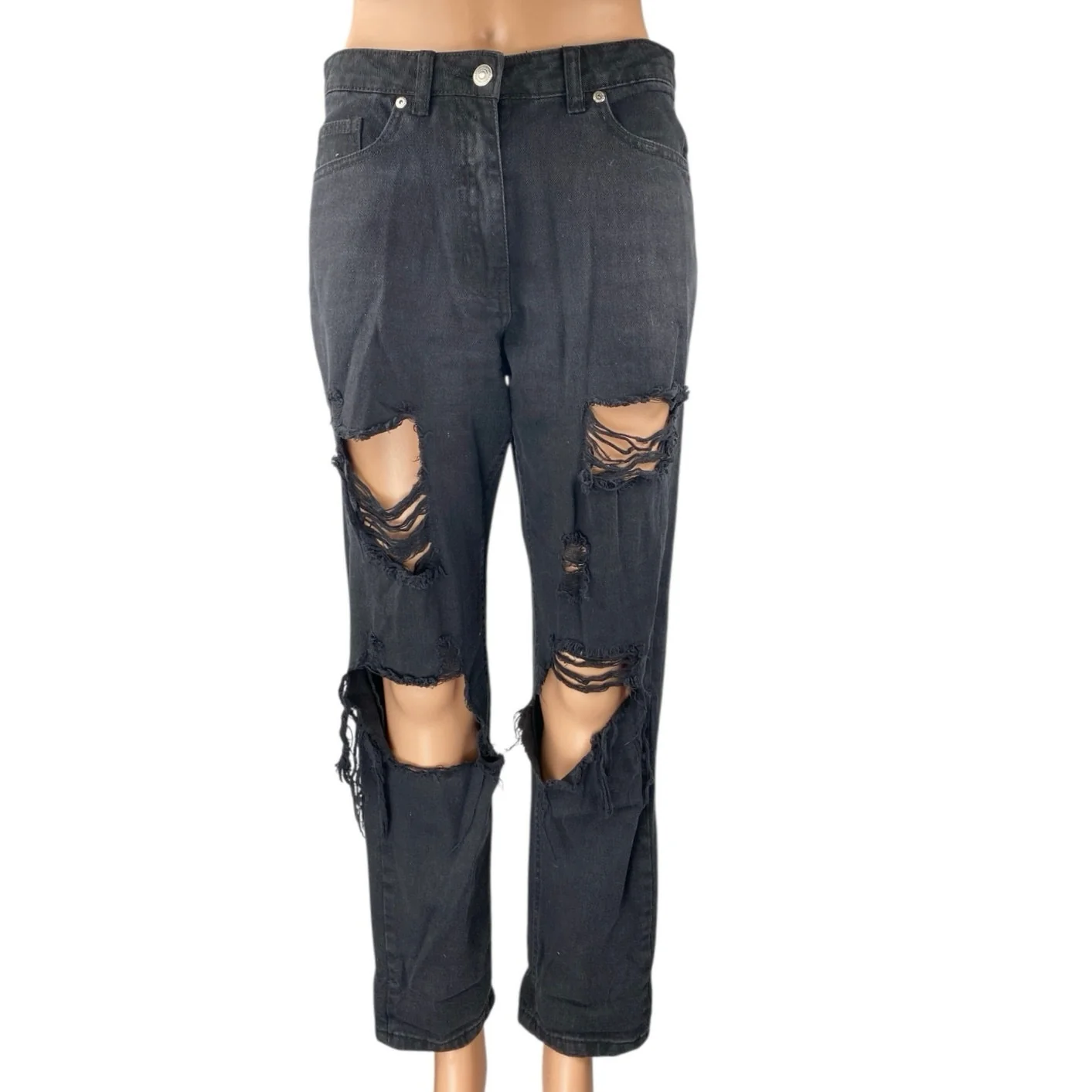 Parisian Black Distressed Straight Wide Leg High Waist Denim Jeans Pants Size 6