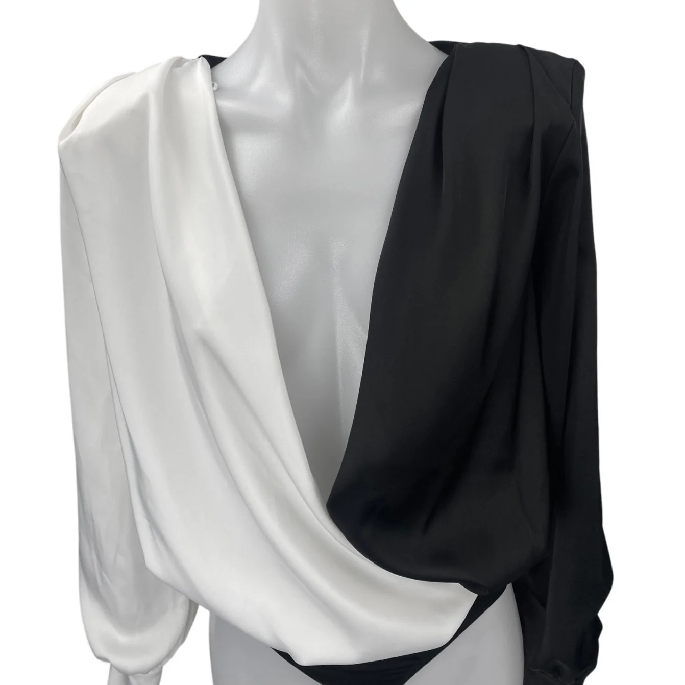 Peace + Love Black White Silk Satin Long Sleeve Plunge Colorblock Bodysuit Top 2 - Image 3
