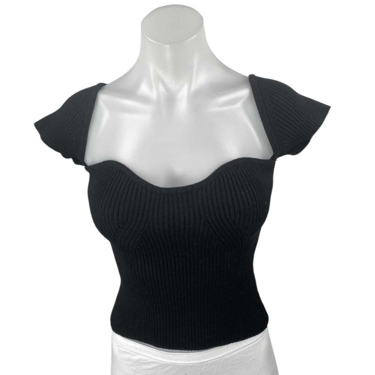 Peppermayo Black Rib Knit Short Flutter Sleeve Slim Fit Crop Sweater Top Sz S/M