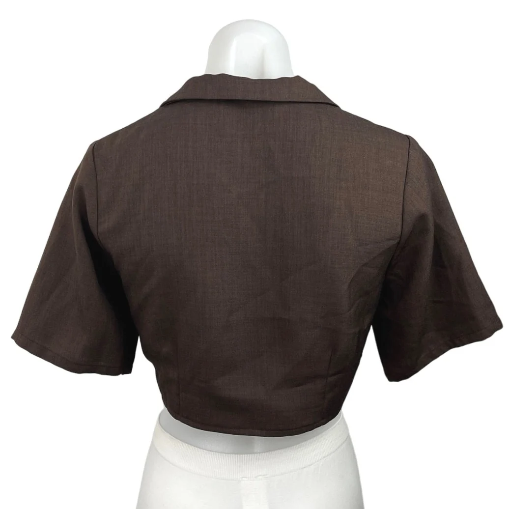 Peppermayo Women's Brown V Neck Short Sleeve Button Up Collared Shirt Top Sz XS - Image 2