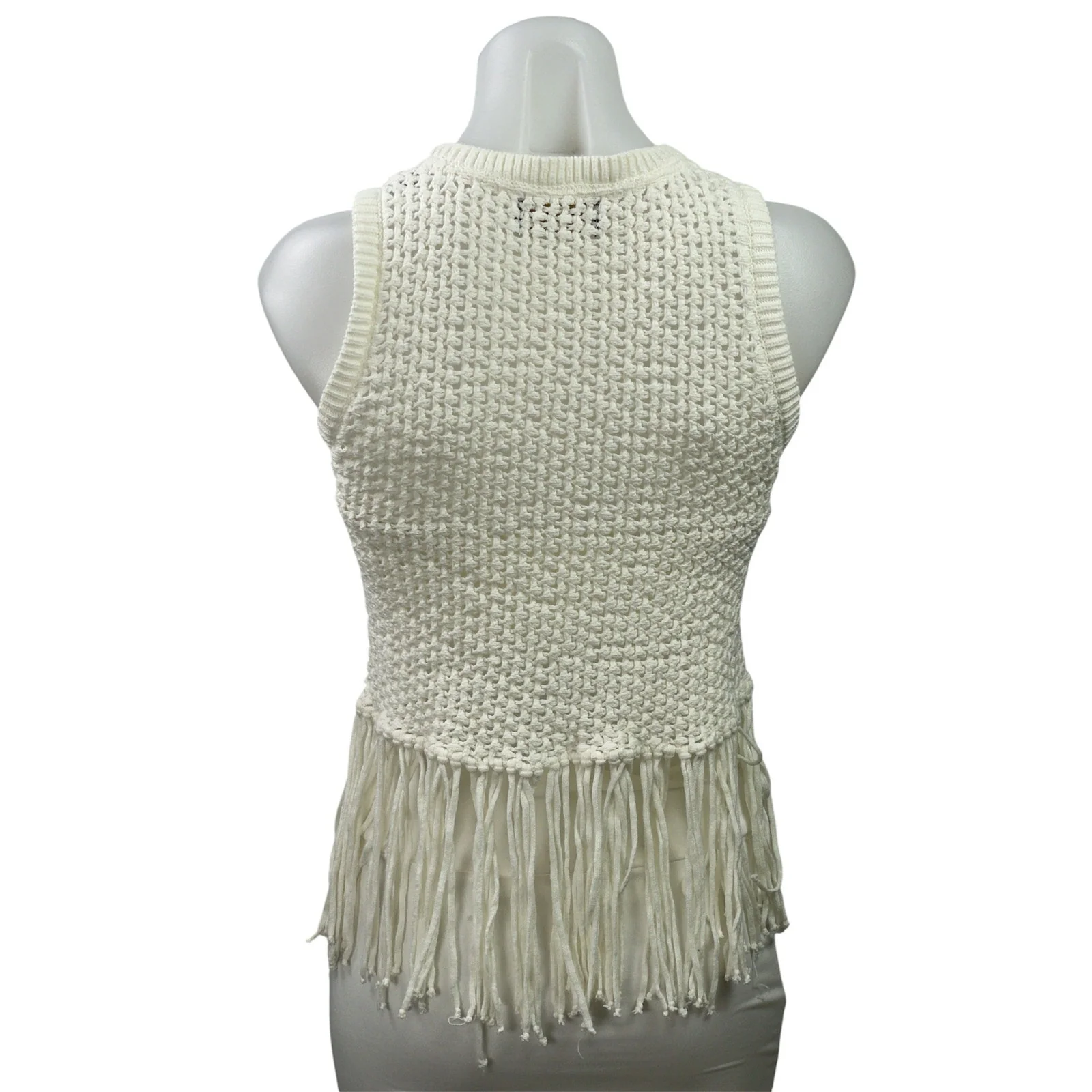 Piombo Women's White Knitted Crochet Fringed Tassle Sleeveless Tank Top Size XS - Image 3