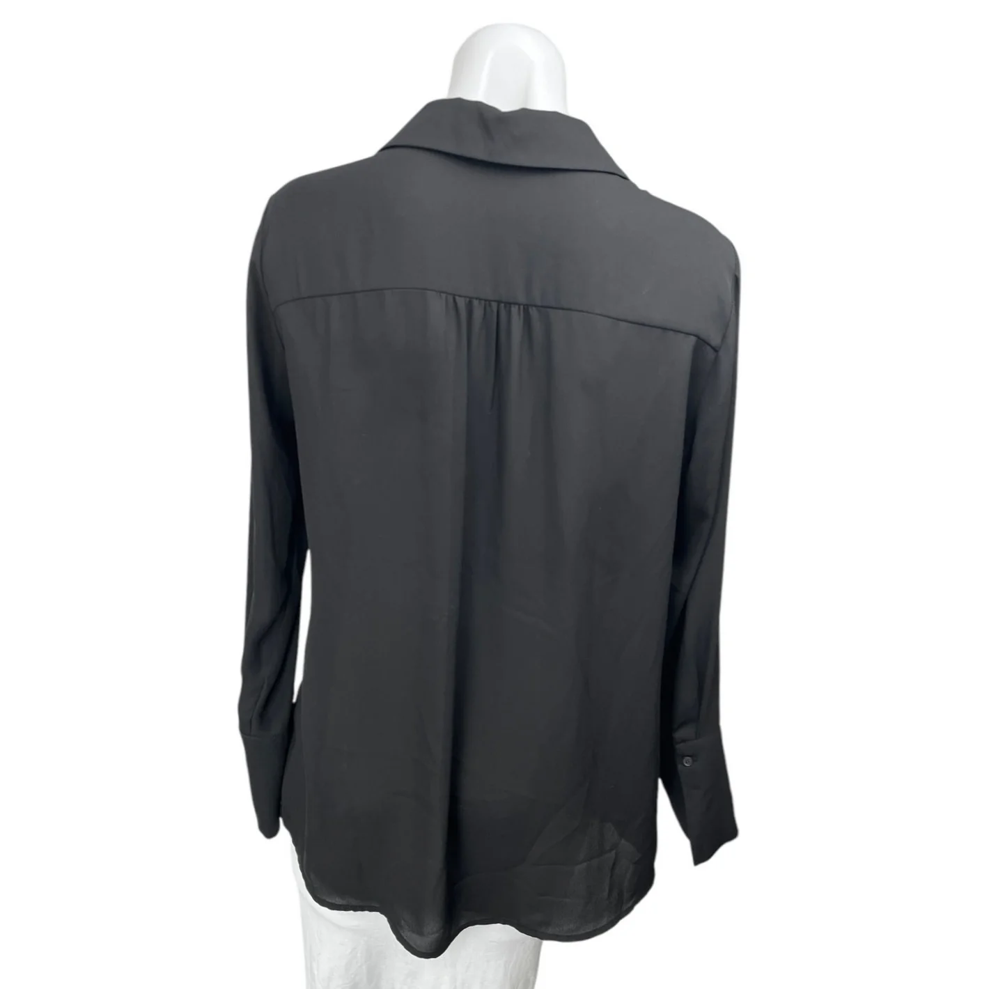 Pleione Black Silk Satin Long Sleeve V Neck Pocket Collared Blouse Top Size S - Image 2