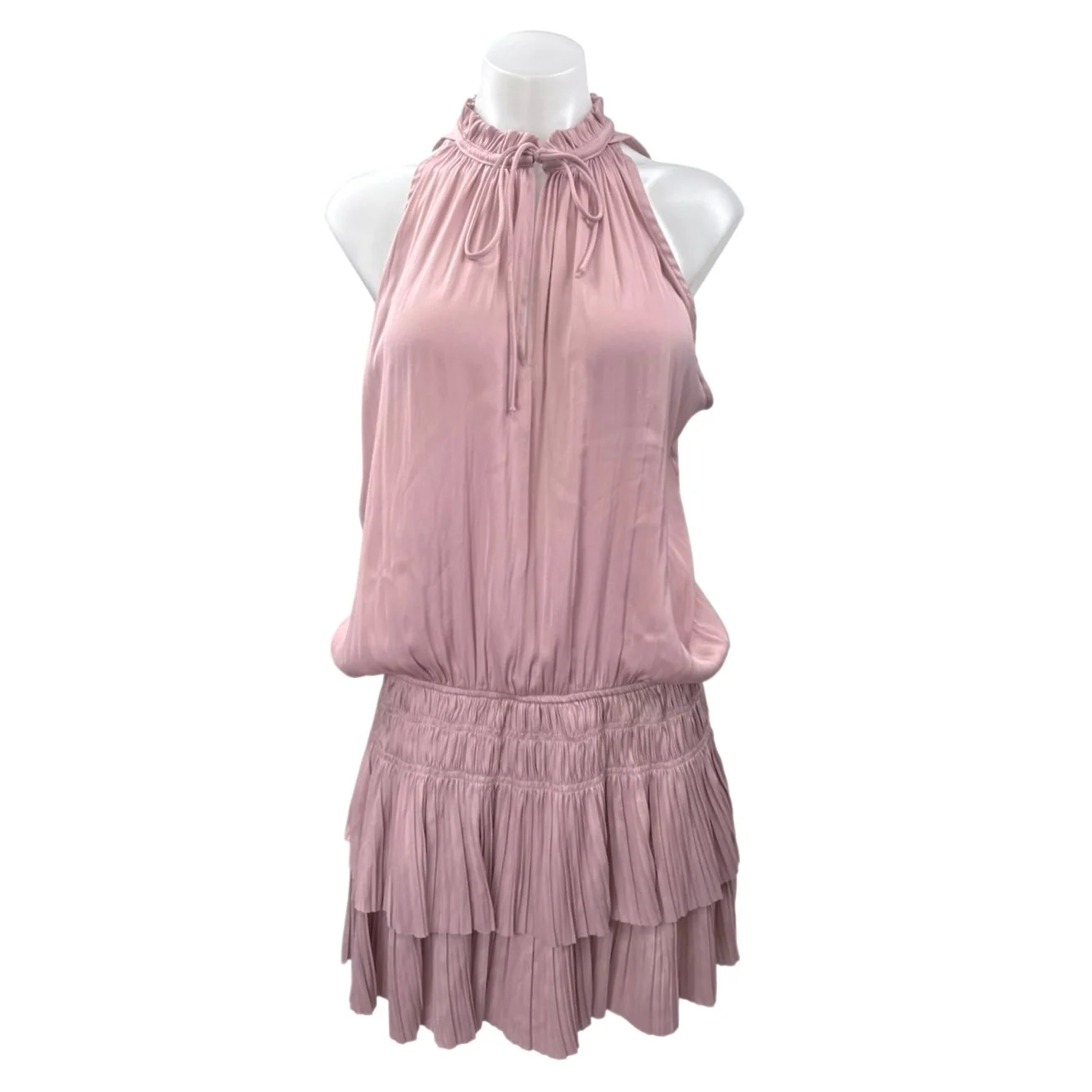 Pookie & Sebastian Pink Sleeveless Halter Ruffle Tiered Mini Blouson Dress Sz M