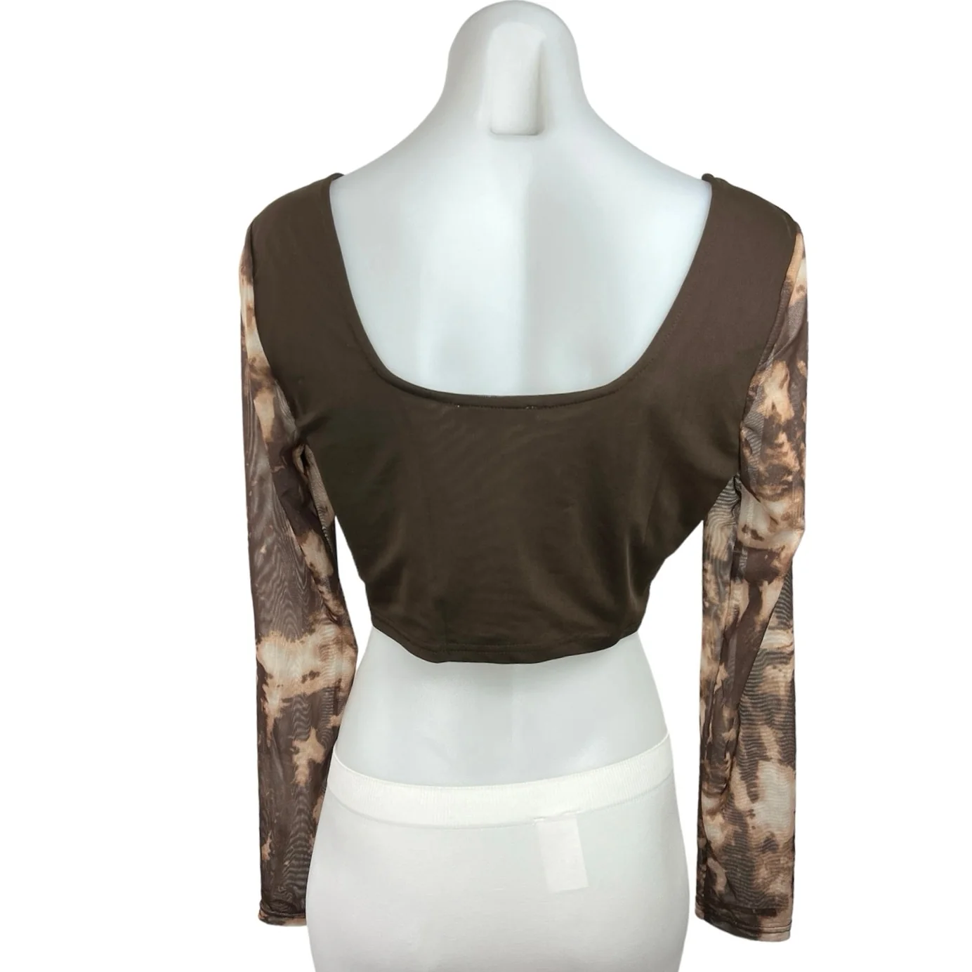 Pretty Garbage Women's Brown Tie Dye Long Sleeve Scoop Neck Cropped Blouse Top M - Image 2