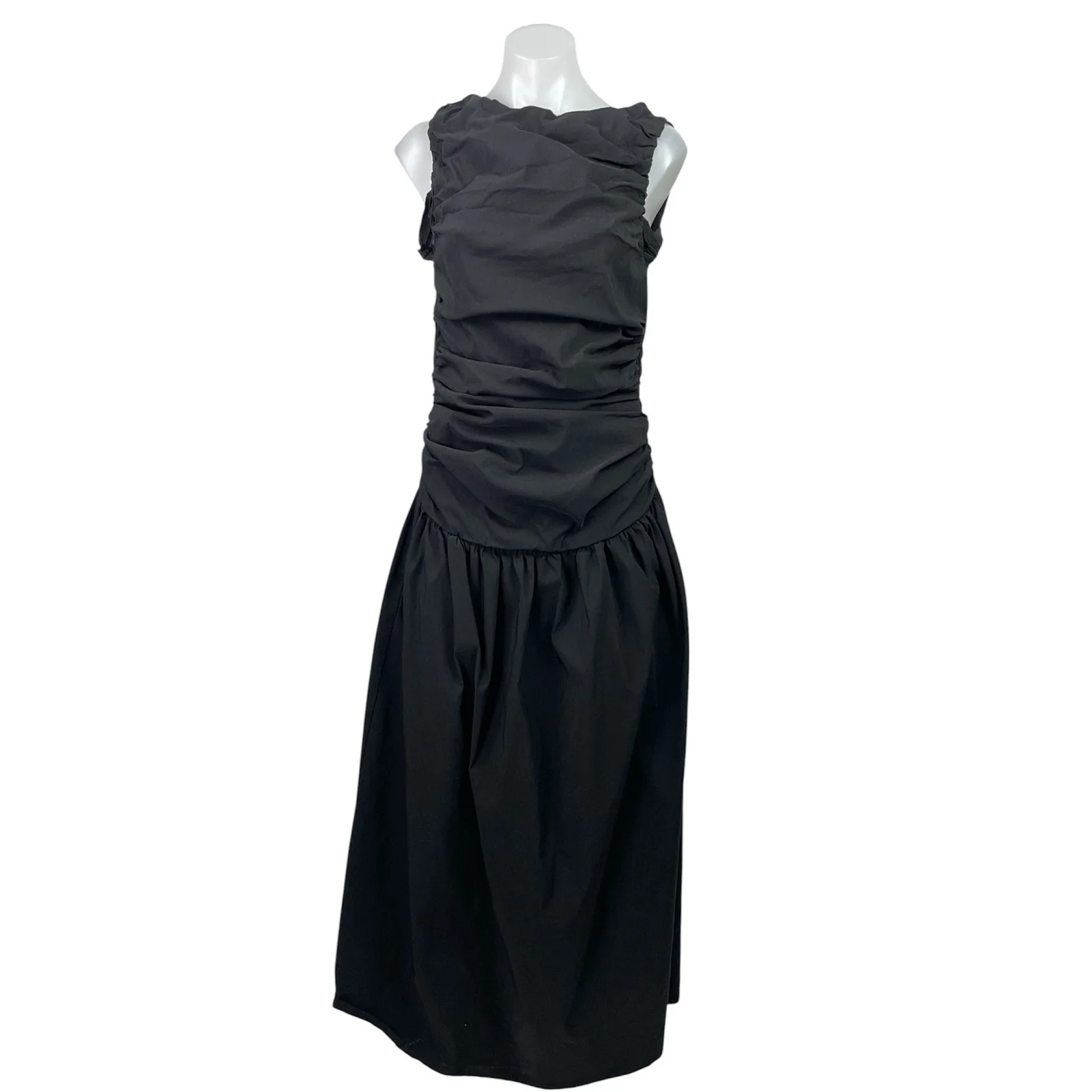 PrettyLittleThing Black Sleeveless Ruched Drop Waist A Line Maxi Dress Size 10