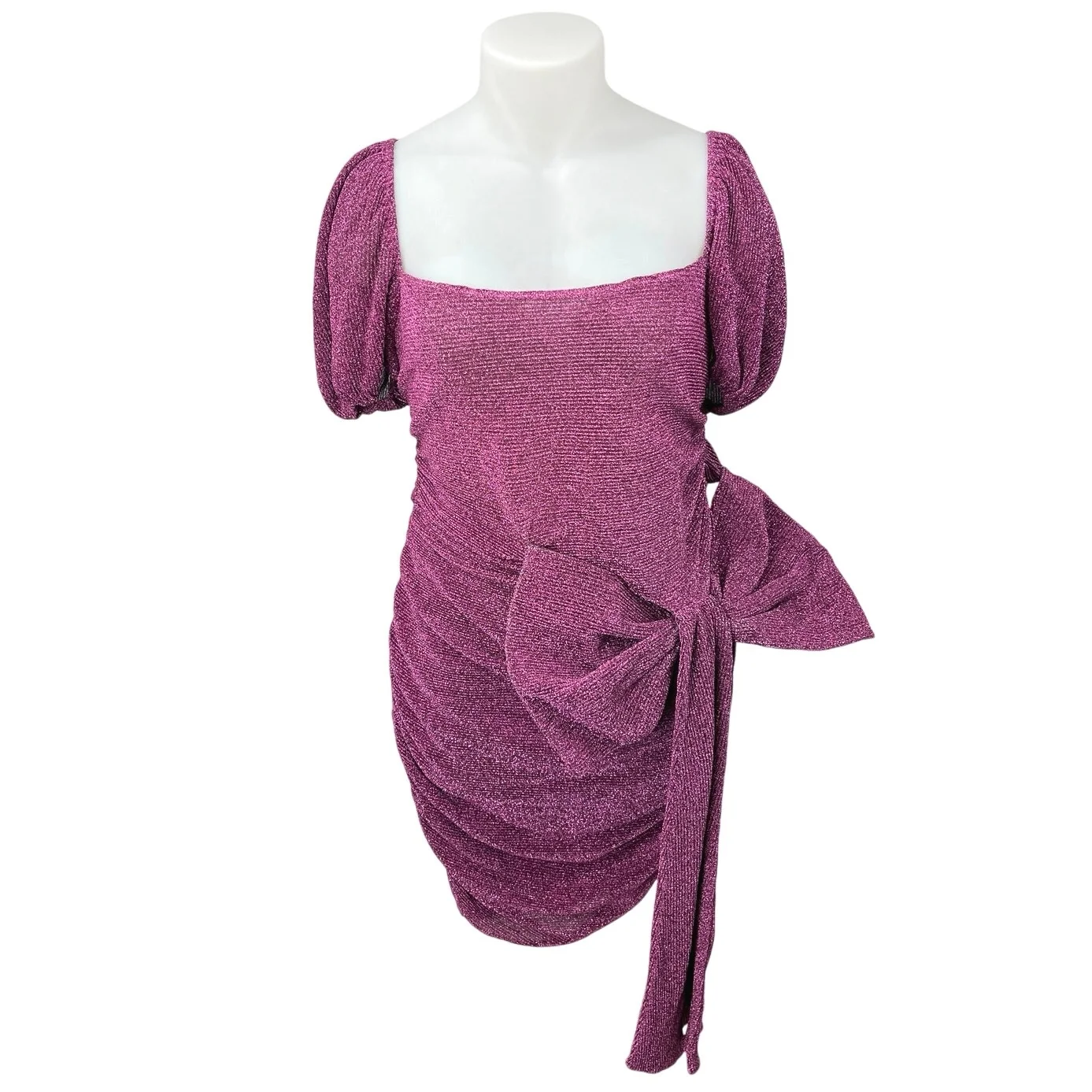 PrettyLittleThing Purple Metallic Sparkly Bow Tie Puff Sleeve Mini Dress Size 16
