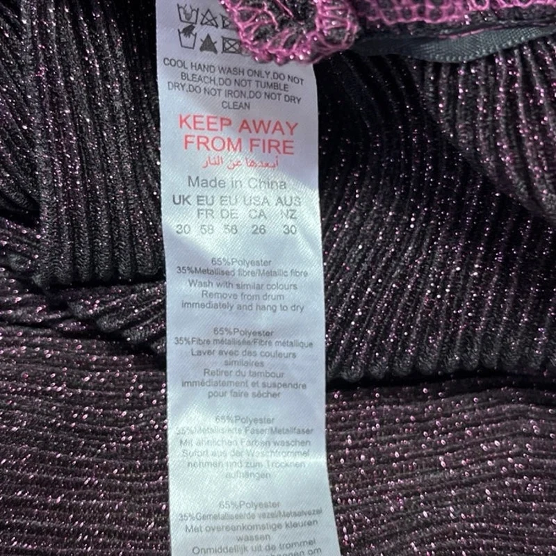 PrettyLittleThing Purple Metallic Sparkly Bow Tie Puff Sleeve Mini Dress Size 16 - Image 6