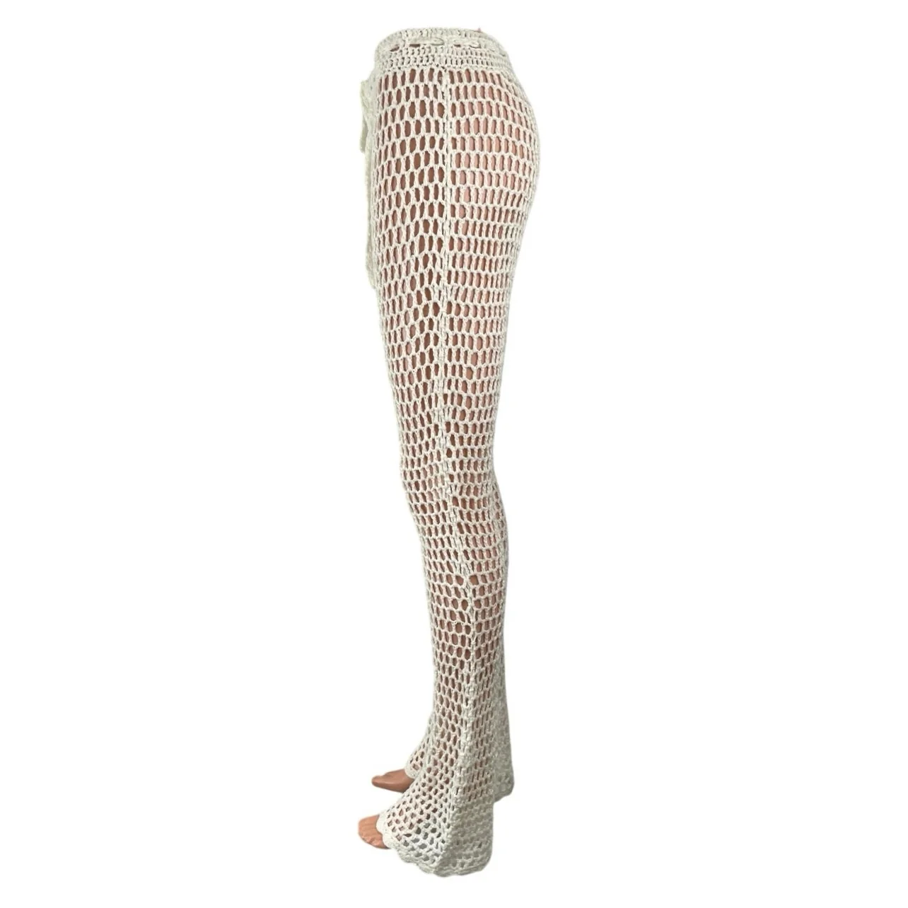 Primi Cream Crochet Mesh High Waisted Summer Swimming Cover Up Trousers Pants M - Image 3