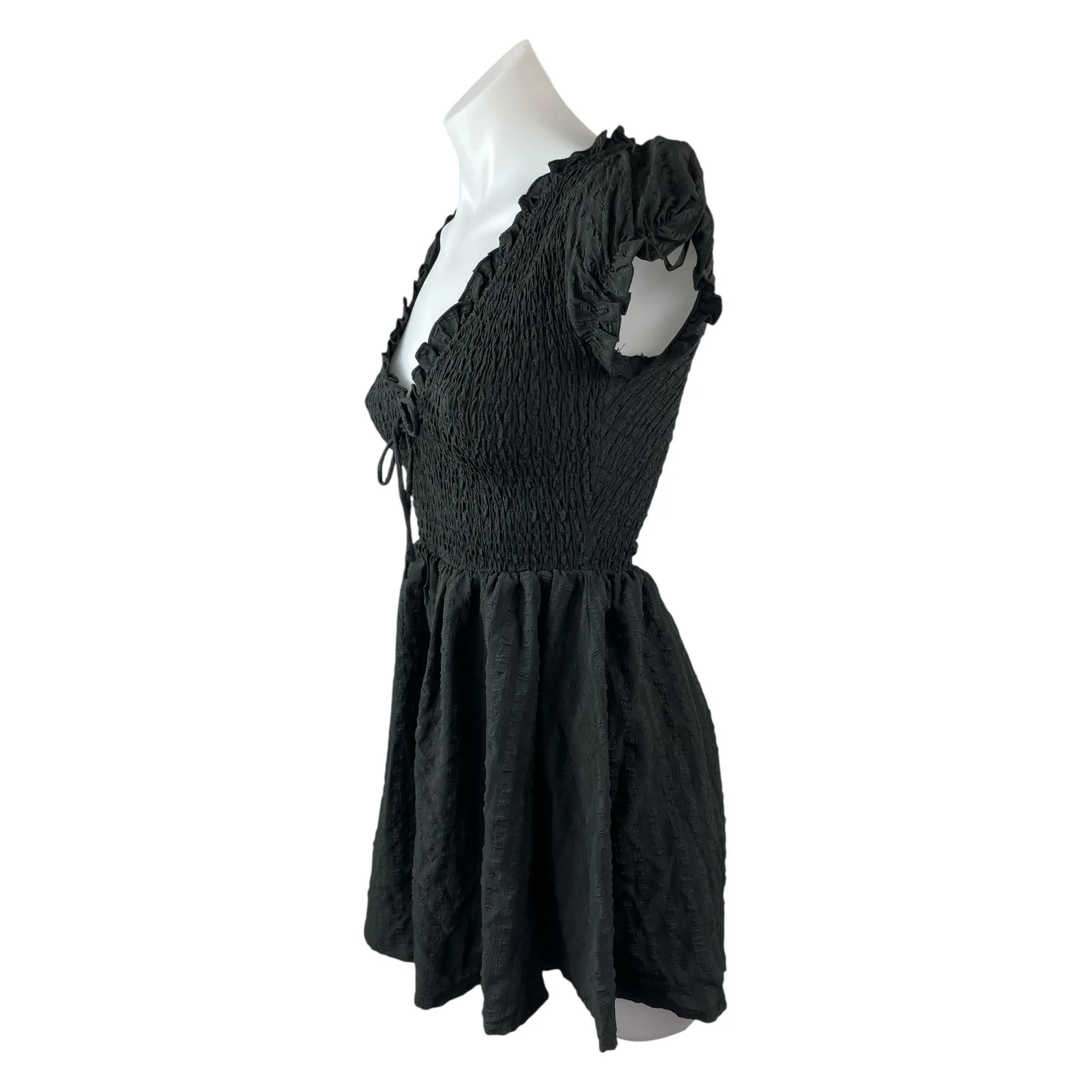 Princess Polly Black Smocked Ruffle Scoop Pleated Short Sleeve Romper Shorts 0 - Image 2