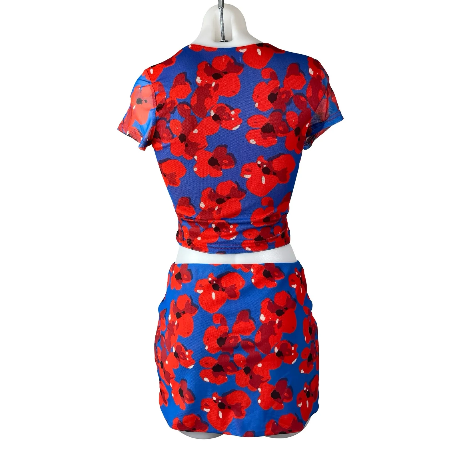 Princess Polly Blue Red Floral Short Sleeve Crop Top Slit Mini Skirt 2 Pc Set 4 - Image 5