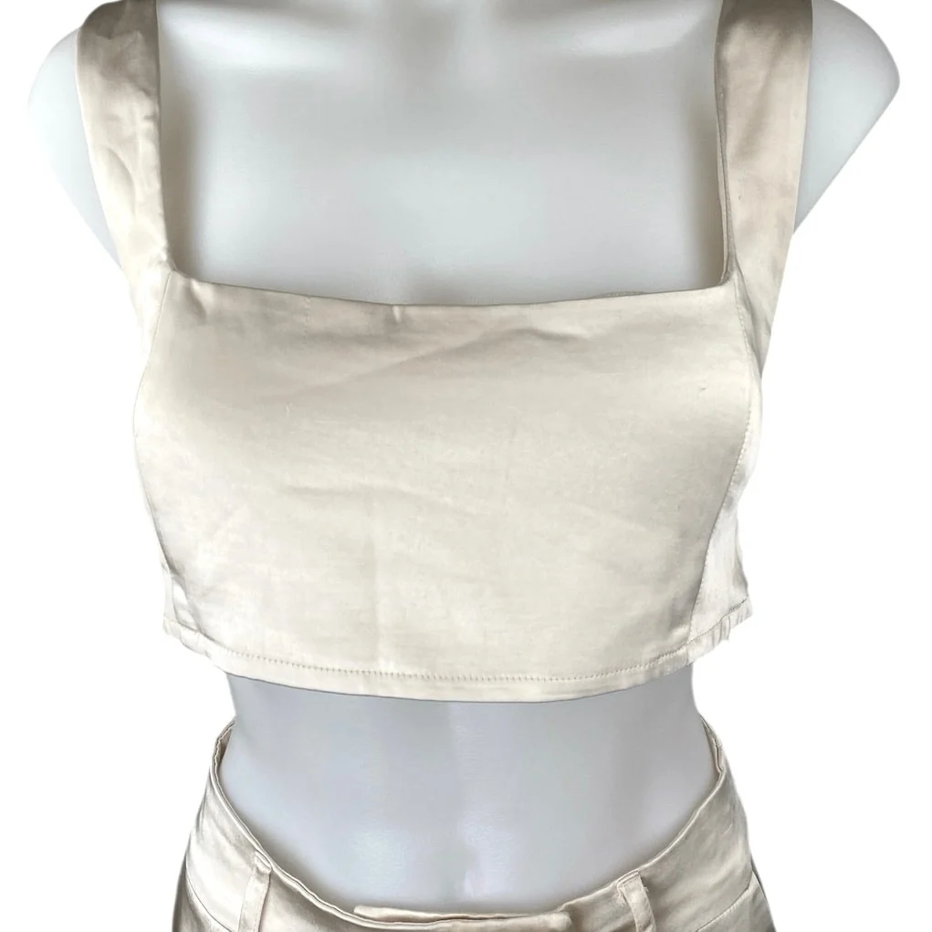 Princess Polly Cream Silky Satin Crop Top & WideLeg Trousers Matching Set Size 8 - Image 4