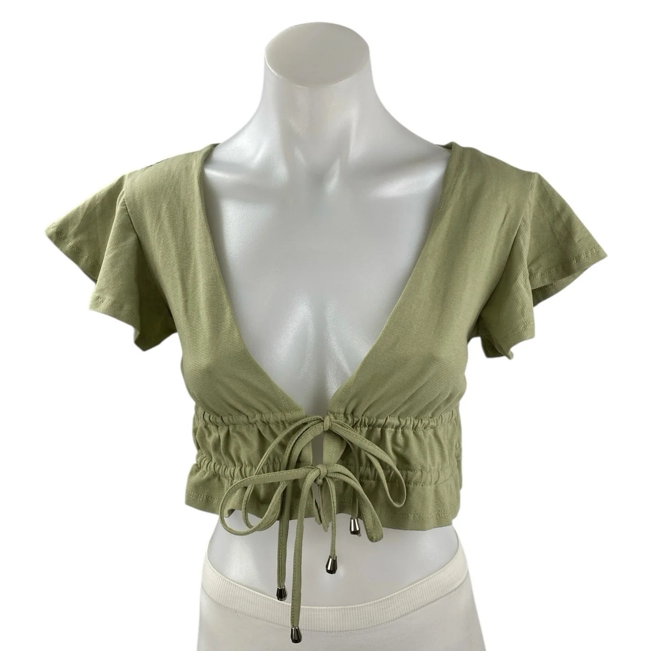 Princess Polly Green Short Sleeve Deep V Neck Tie Ruffle Blouse Crop Top Size 2