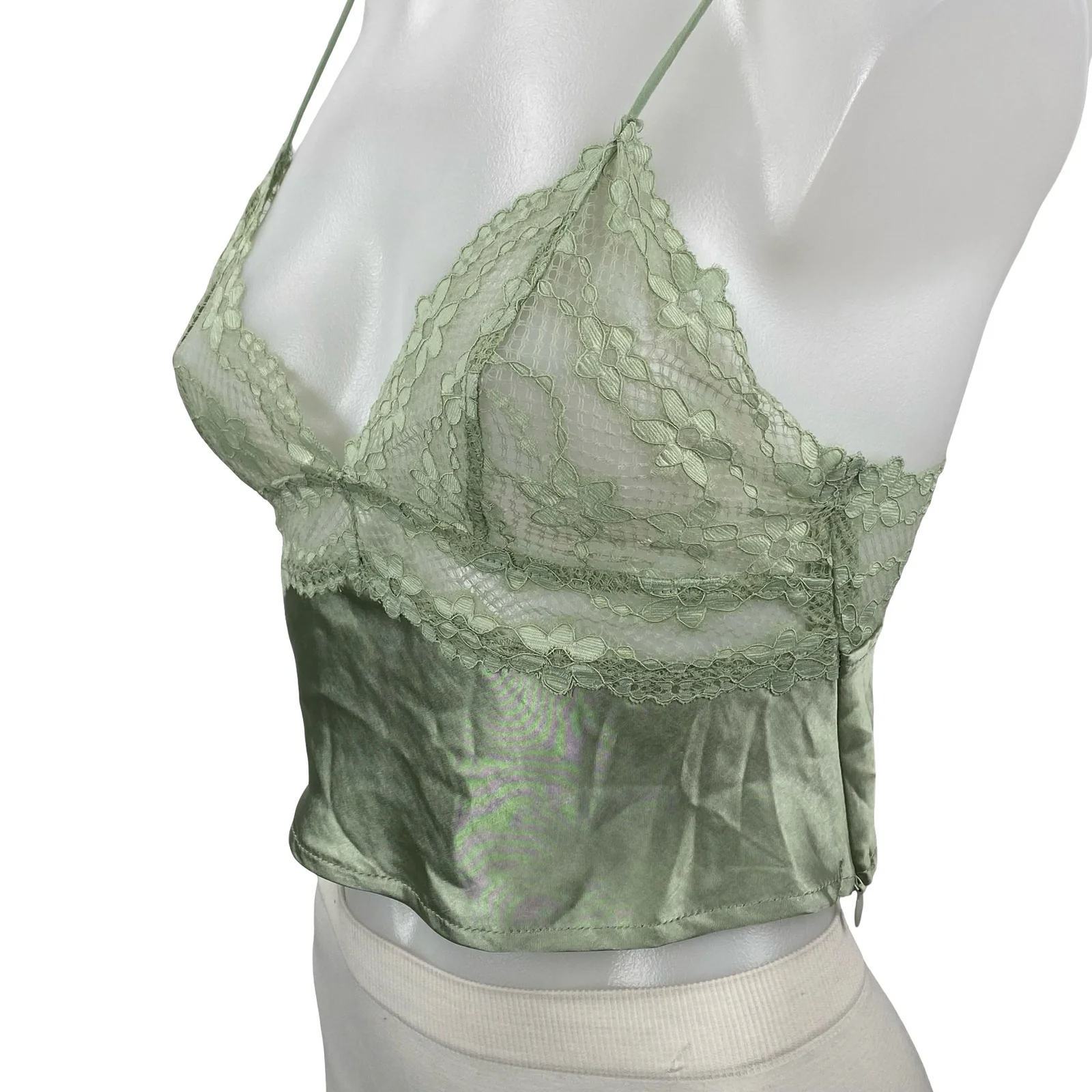 Princess Polly Isolind Women's Green Satin Lace Sheer Sleeveless Cami Tank Top 2 - Image 2