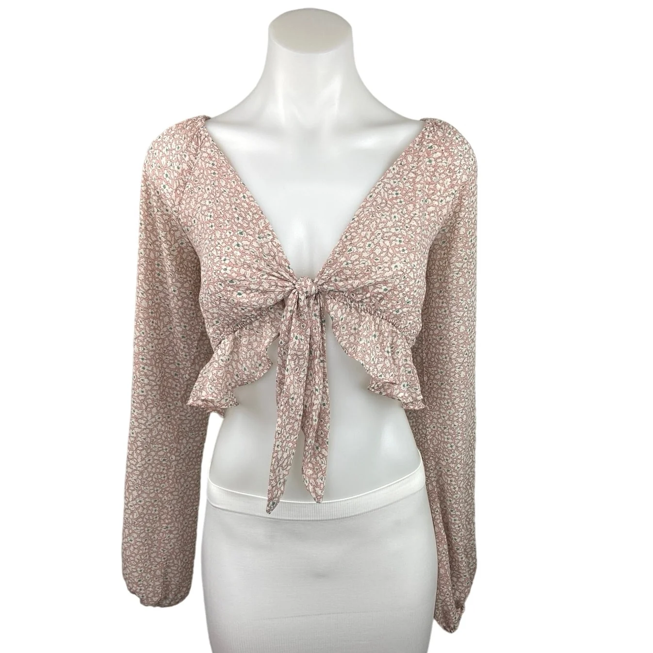 Princess Polly Pink Floral V Neck Tie Front Long Sleeve Peplum Crop Top Size 6