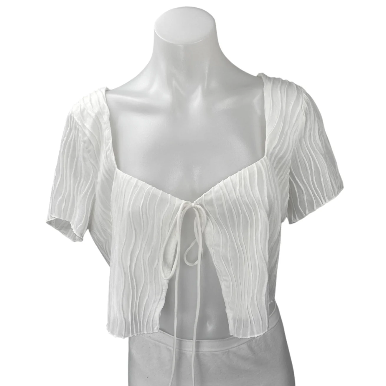 Princess Polly White Short Sleeve Pleated Tie Cardigan Blouse Crop Top Size 10