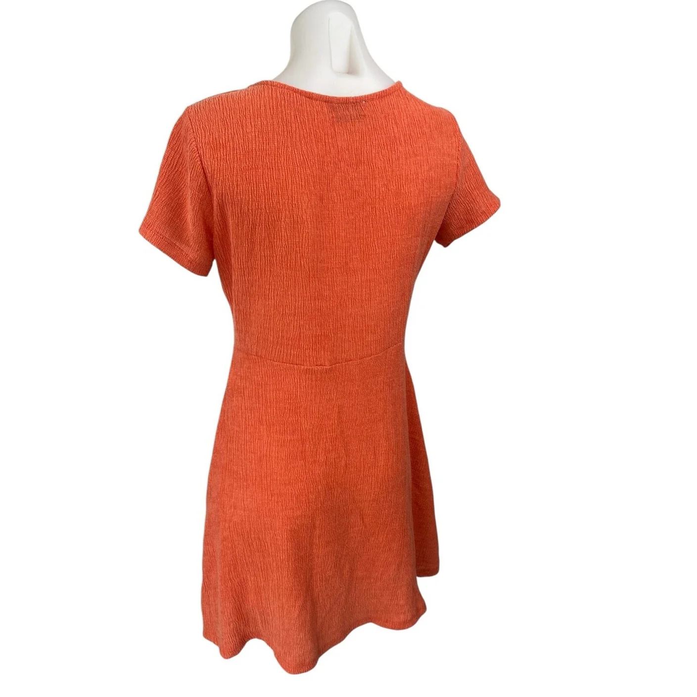 Pull & Bear Coral Short Sleeve Textured Deep V Neck Henley Skater Mini Dress S - Image 2
