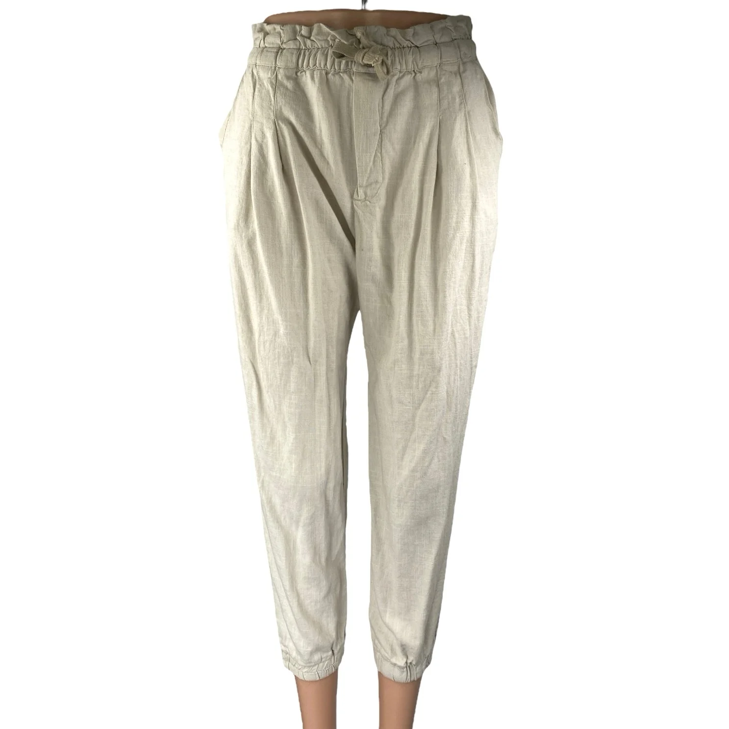 Pull & Bear White Linen High Waist Tapered Paperbag Trousers Jogger Pants Size M