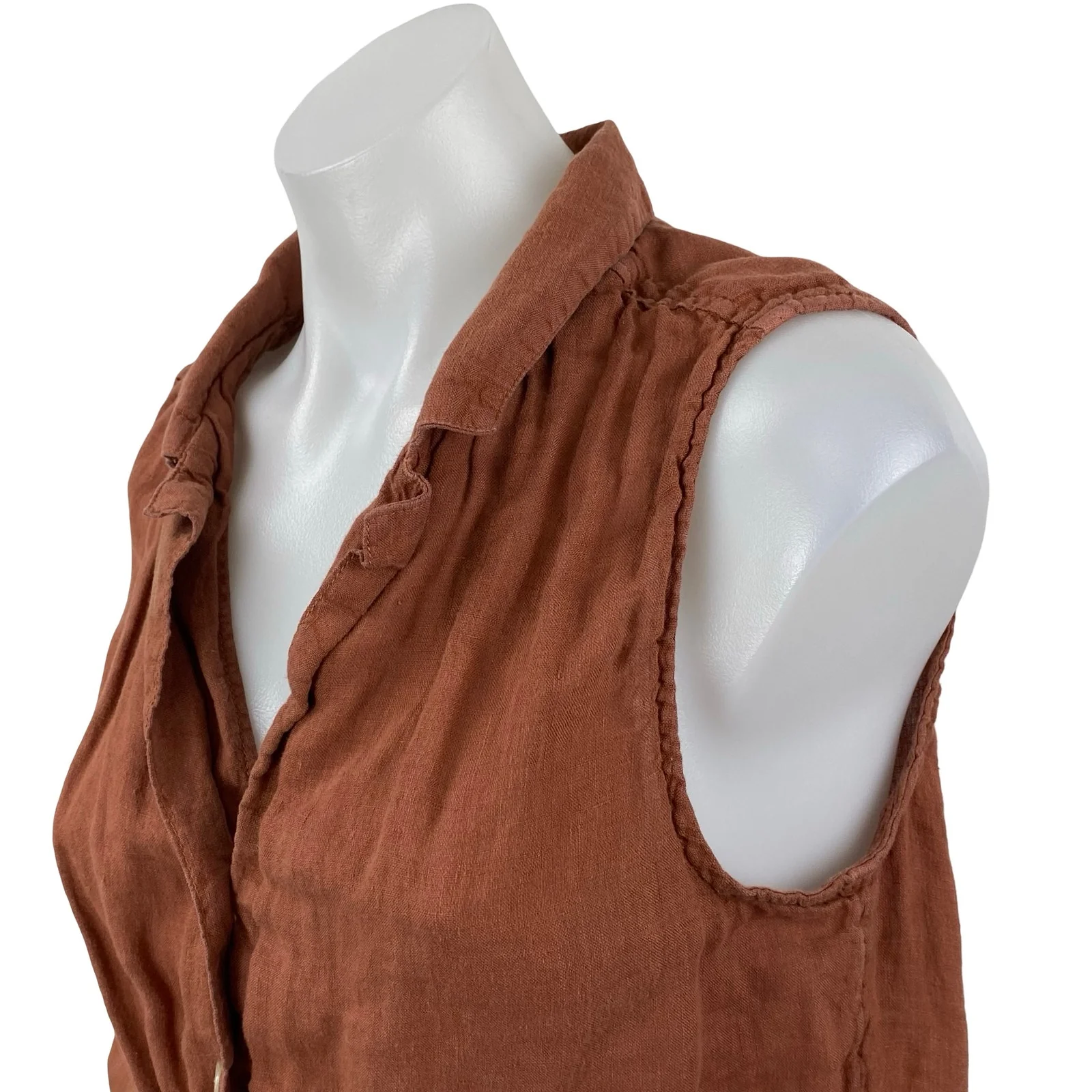 Rachel Zoe Brown 100% Linen Sleeveless V Neck Button Down Crop Shirt Top Size M - Image 3