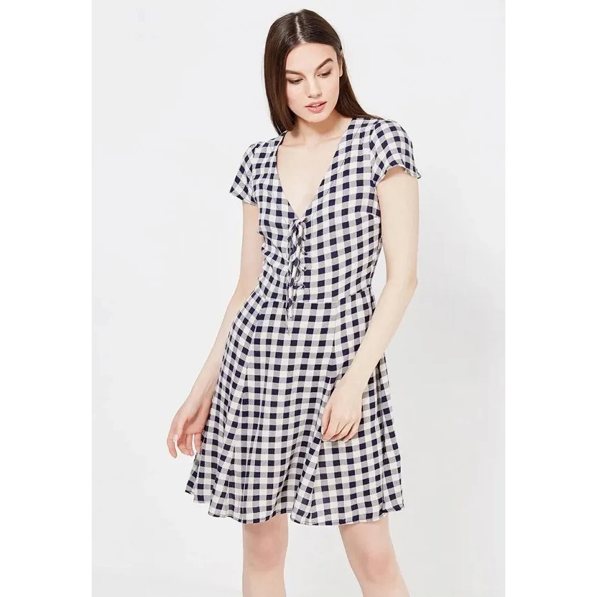 Ralph Lauren Denim & Supply Navy Blue Gingham Short Sleeve Lace Up Mini Dress 10 - Image 4