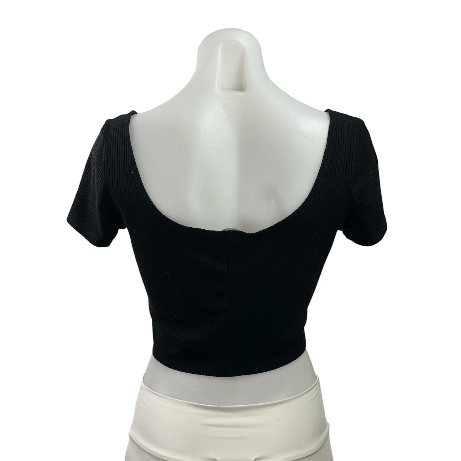 Reformation Women's Black Ribbed Knit Square Neck Short Sleeve Crop Top Size L - Image 3