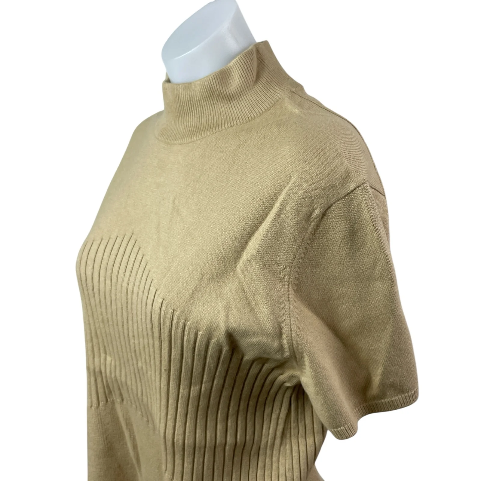 Rena Rowan Beige Silk Short Sleeve Mock Neck Ribbed Knit Sweater Top Size XL - Image 3