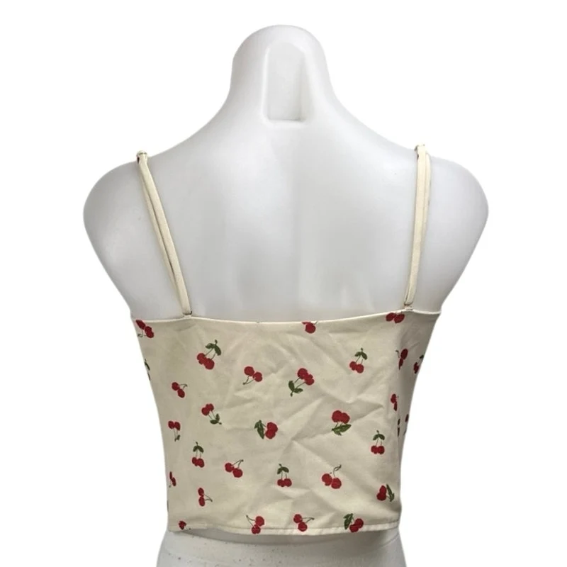 RESA Cream Red Cherry Print Sleeveless Corset Bustier Button Cami Crop Top M - Image 2