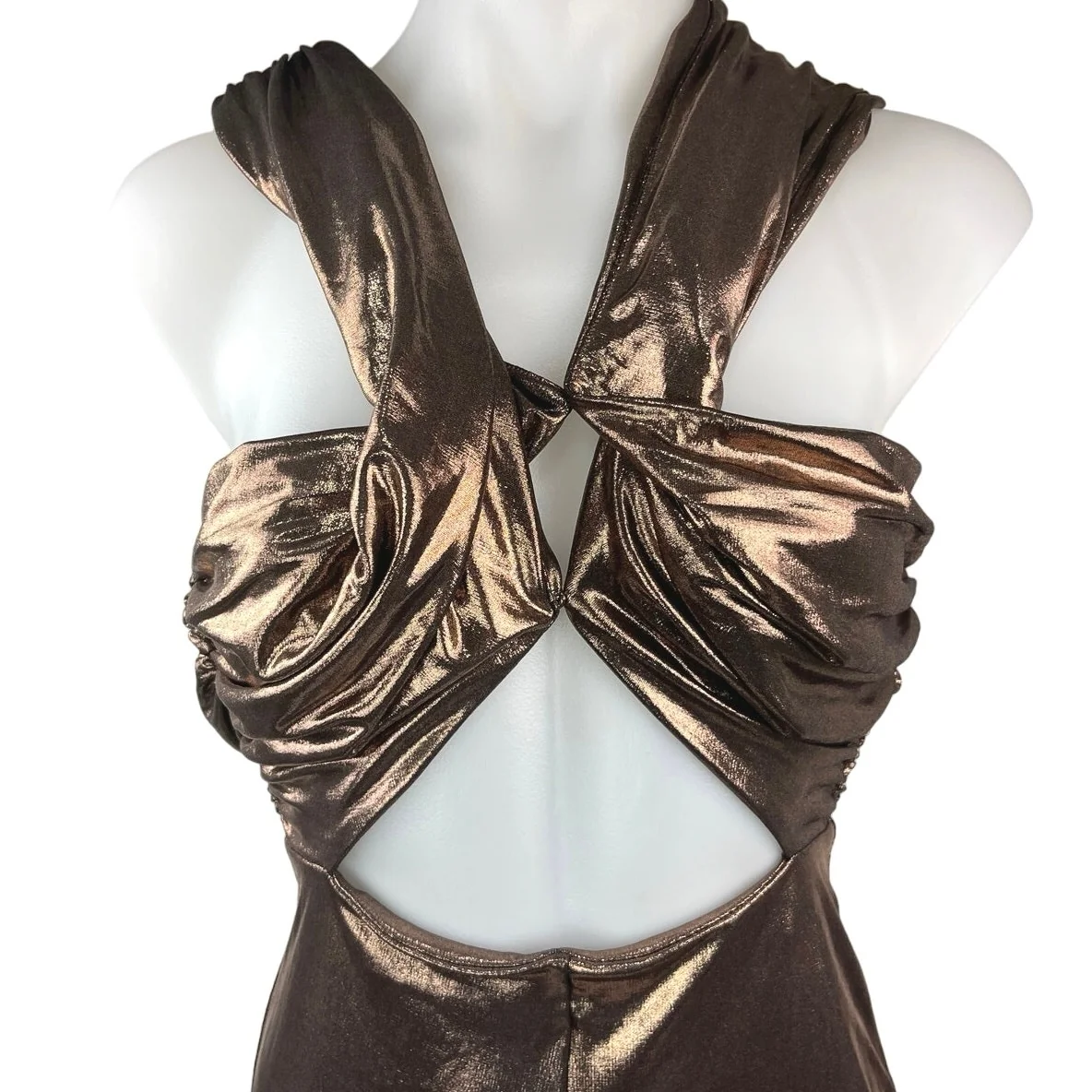 Revolve Camila Coelho Bronze Metallic Crossover Neck Cut Out Jumpsuit Size S - Image 3