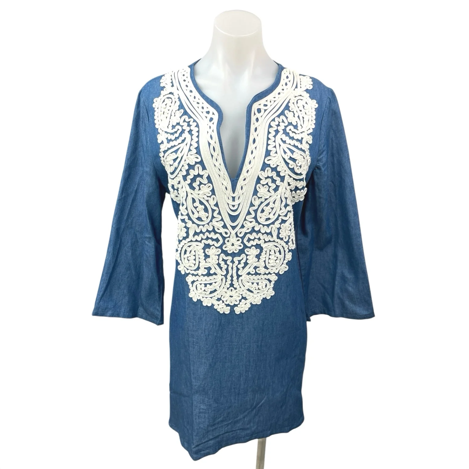 Revolve Endless Rose Blue White Embellished Bell Sleeve Boho Mini Shift Dress L