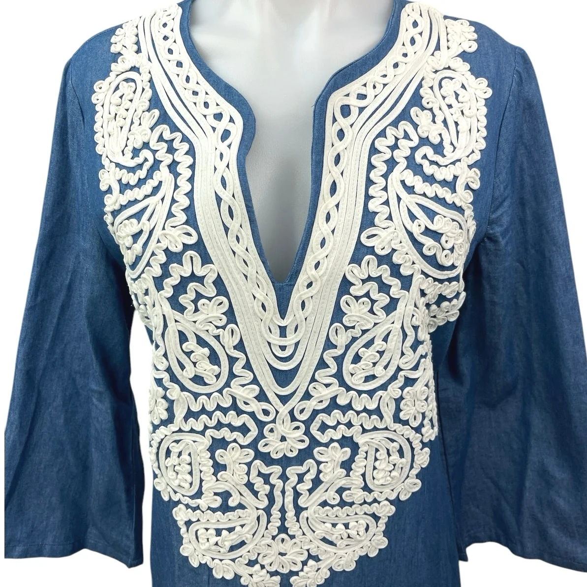 Revolve Endless Rose Blue White Embellished Bell Sleeve Boho Mini Shift Dress L - Image 3