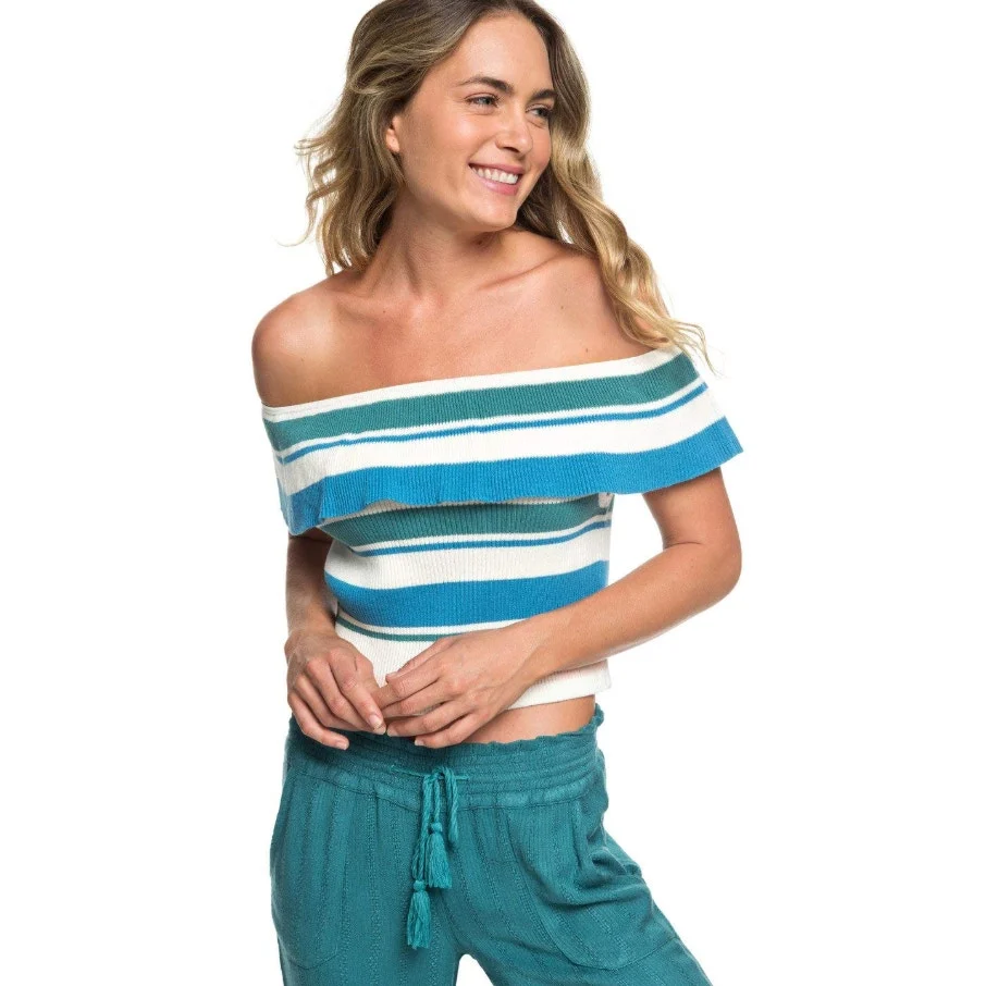 Roxy Multicolor Off The Shoulder Ribbed Knit Ruffle Cropped Sweater Top Size XS - Image 3