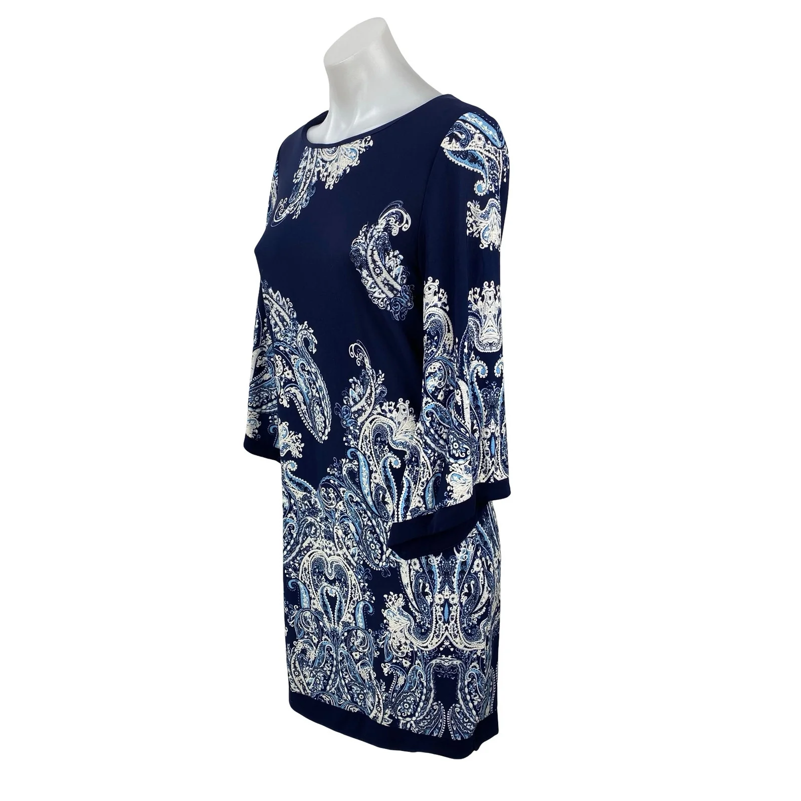 Roz & Ali Petite Women's Blue White Paisley 3/4 Bell Sleeves Midi Shift Dress 6 - Image 3