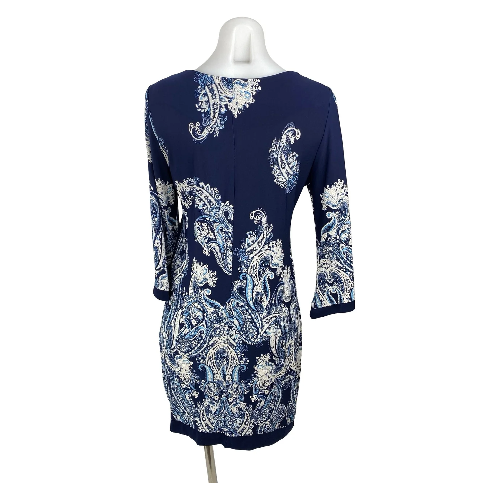 Roz & Ali Petite Women's Blue White Paisley 3/4 Bell Sleeves Midi Shift Dress 6 - Image 4