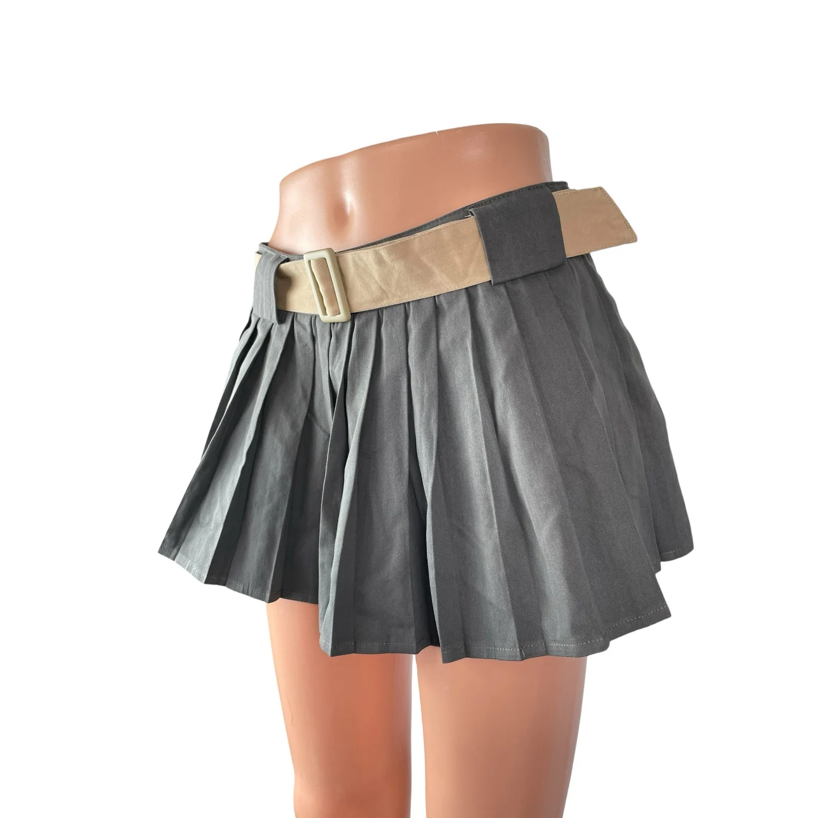 Rumours Women's Gray Belted Pleated High Waist Mini Skater Flare A-Line Skirt S - Image 2