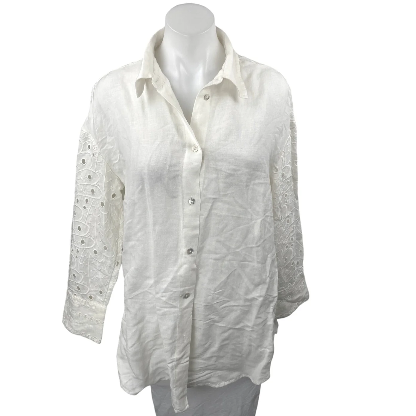 S. Oliver Women's White Linen Embroidered Eyelet Long Sleeve Button Down Shirt 6