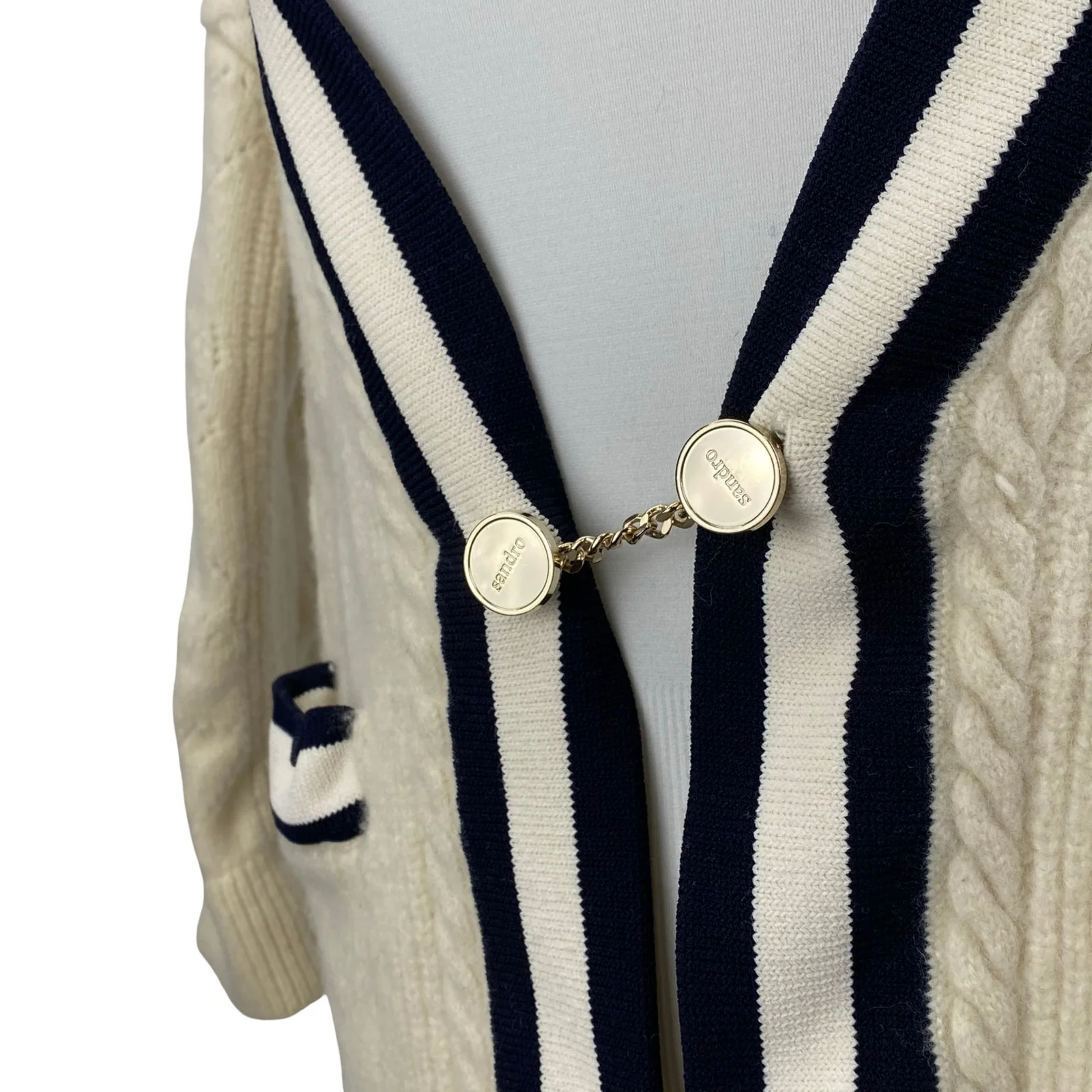 Sandro Womens Cream Black Cable Knit Wool Gold Chain Cardigan Sweater Top Size 0 - Image 3