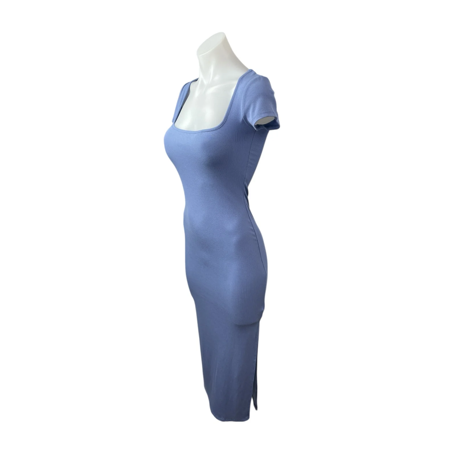 See You Monday Blue Ribbed Knit Short Sleeve Square Neck Midi Bodycon Dress S - Image 3