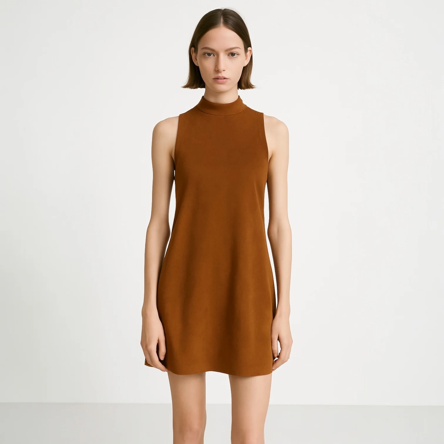 She + sky Brown Faux Suede Sleeveless Cut-out Mock Neck Back Zip Mini Dress Sz M - Image 2