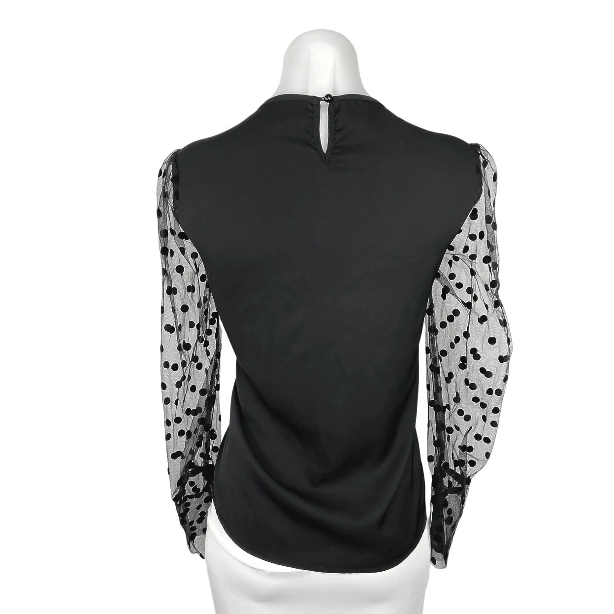 Shein Black Crew Neck Polka Dot Mixed Mesh Puff Long Sleeve Blouse Top Size 6 - Image 2