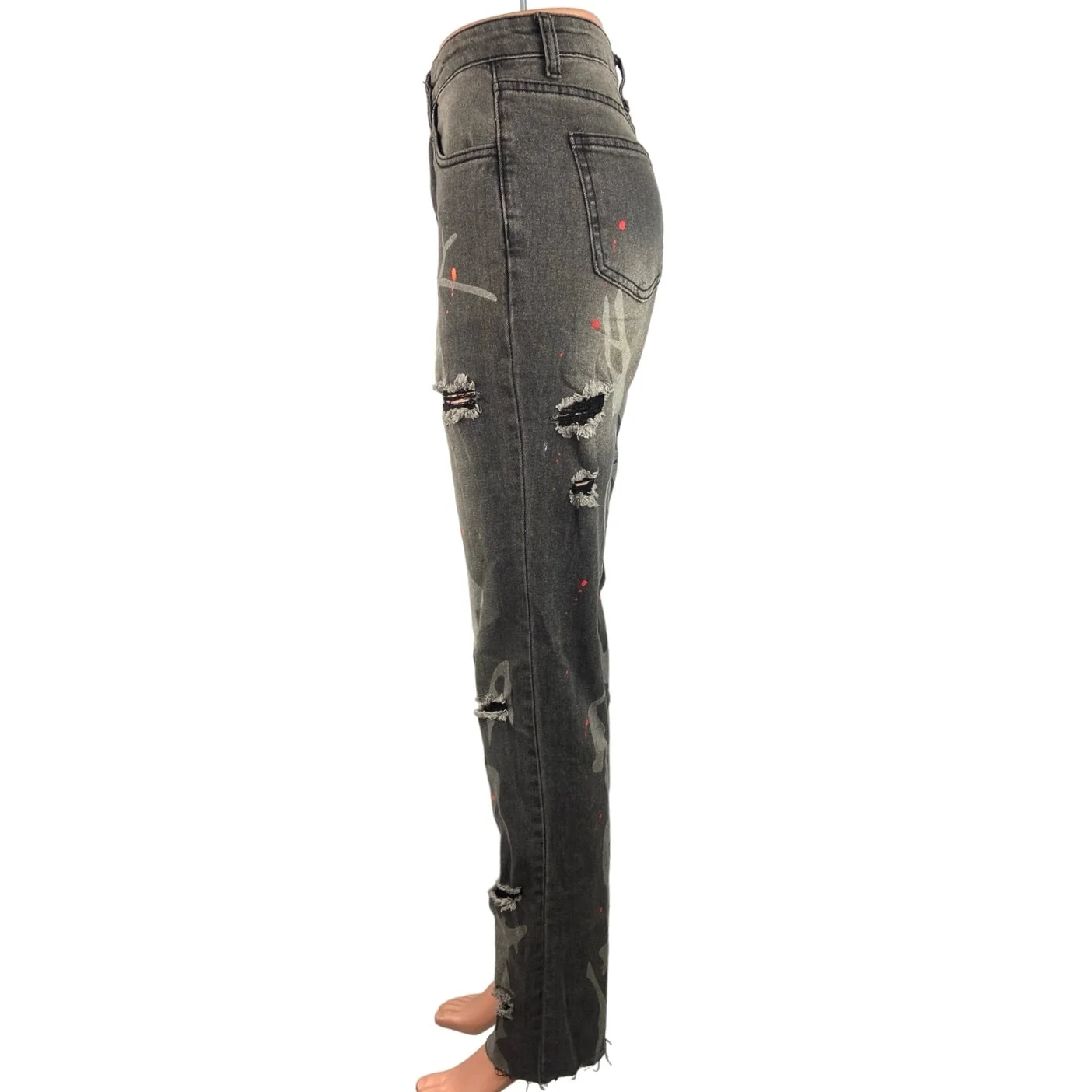 Shein Black Washed Cotton Paint Splatter Distressed Straight Leg Jeans Size 27 - Image 2