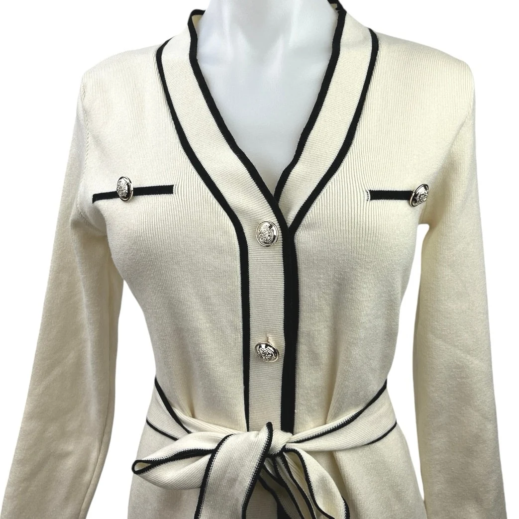 Shein Cream Black Knit V Neck Belted Tie Waits Long Sleeve Mini Dress Size 4 - Image 3