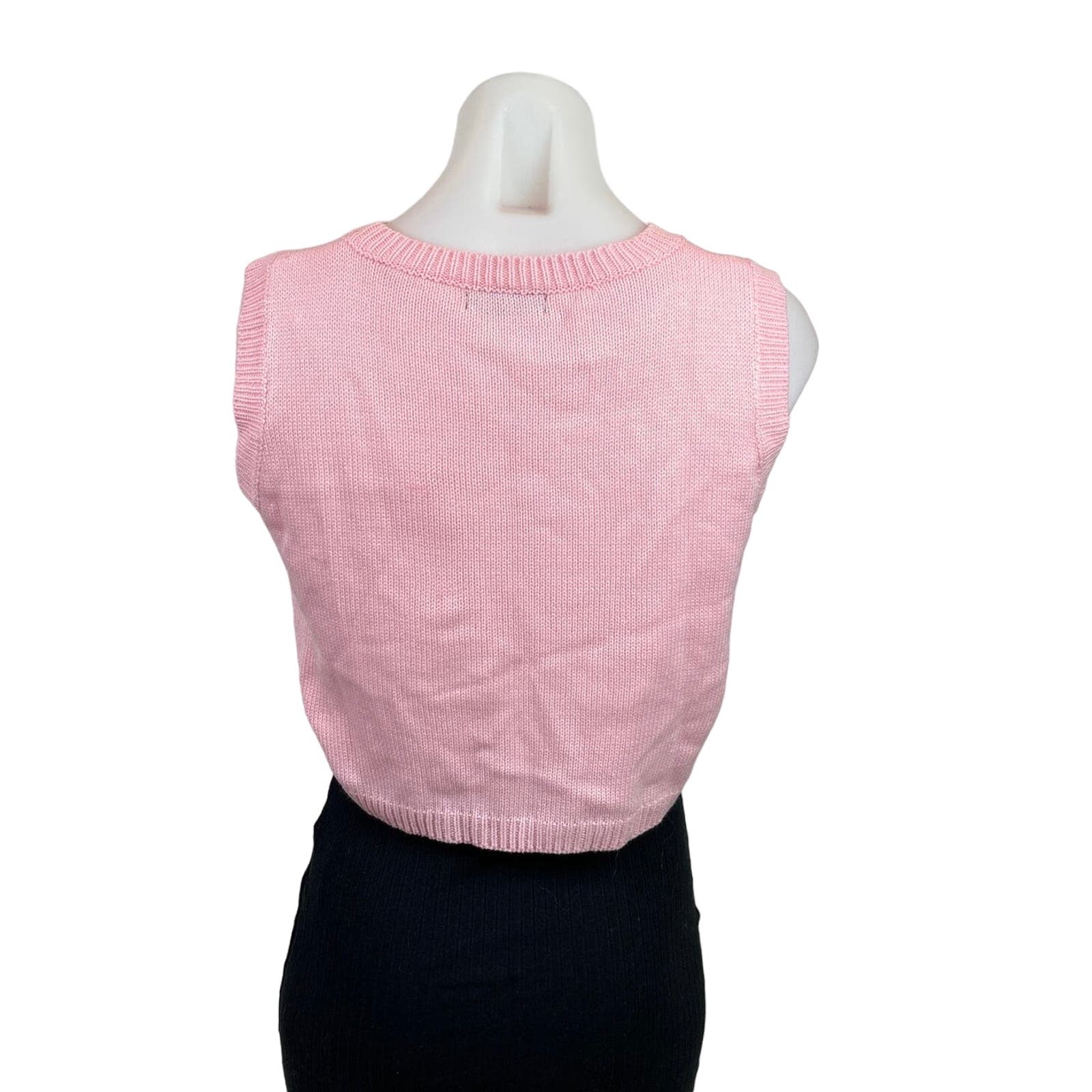 Shein Women Pink Strawberry Print Knit Crew Neck Crop Sleeveless Vest Sweater  S - Image 3
