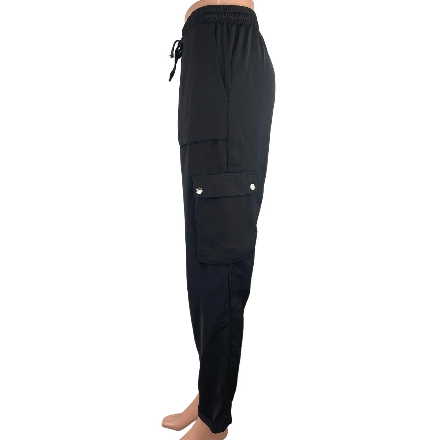 Silver Wishes Black Elastic Waist Drawstring Cargo Utility Ankle Trouser Pants 8 - Image 2