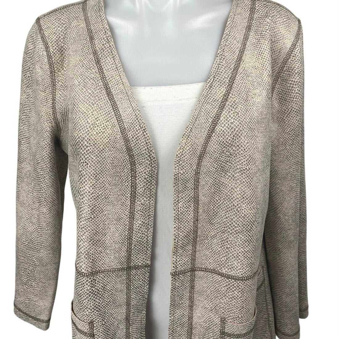 Solitaire Cream Faux Suede Snakeskin 3/4 Sleeve Open Front Cardigan Jacket Sz M - Image 3