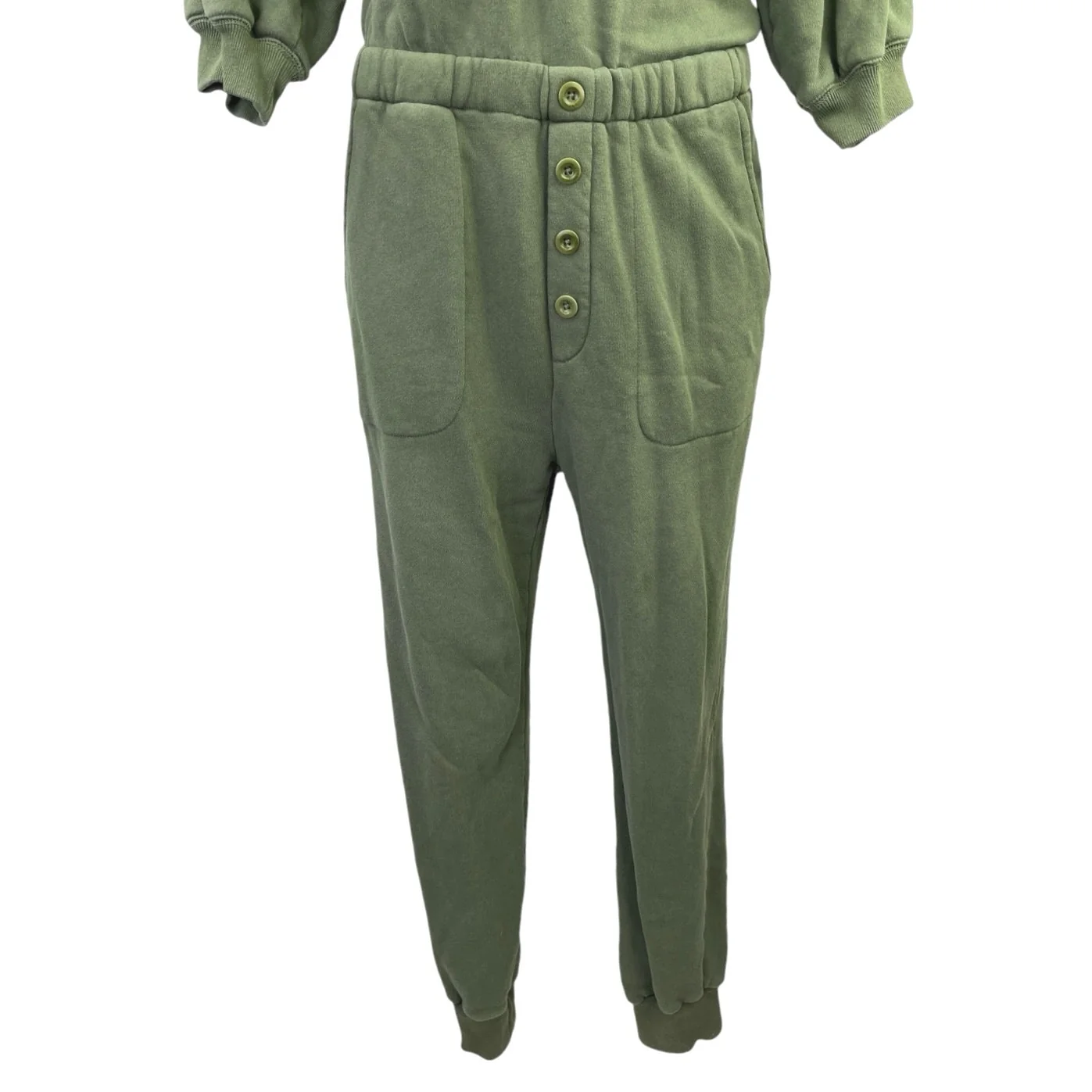 Something Navy Esmeralda Olive Green Terry Ruffle Henley Puff Sleeve Jumpsuit S - Image 4