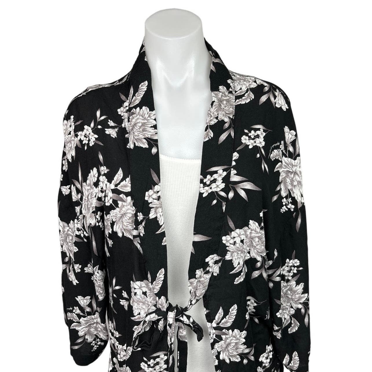 Spiritual Gangster Black Floral Tie Front Kimono Robe Swimwear Cover Up One Size - Image 4