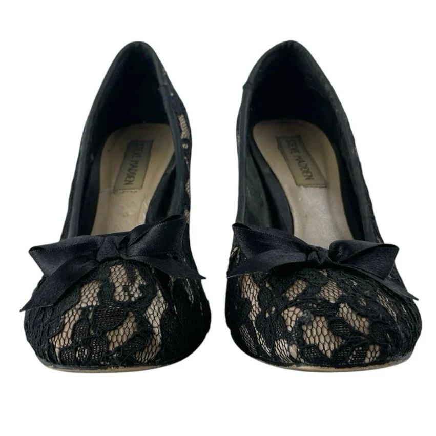 Steve Madden Black Floral Lace Bow Slip On Almond Toe Stiletto Heels Pumps Sz 7 - Image 2