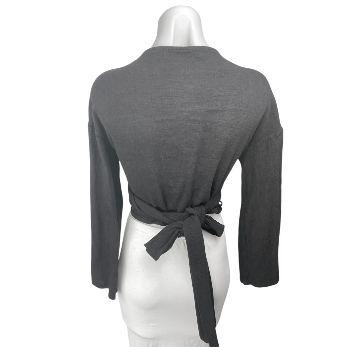 Storets Women's Black Long Bell Sleeves Tie Cropped V Neck Wrap Blouse Top Sz S - Image 2