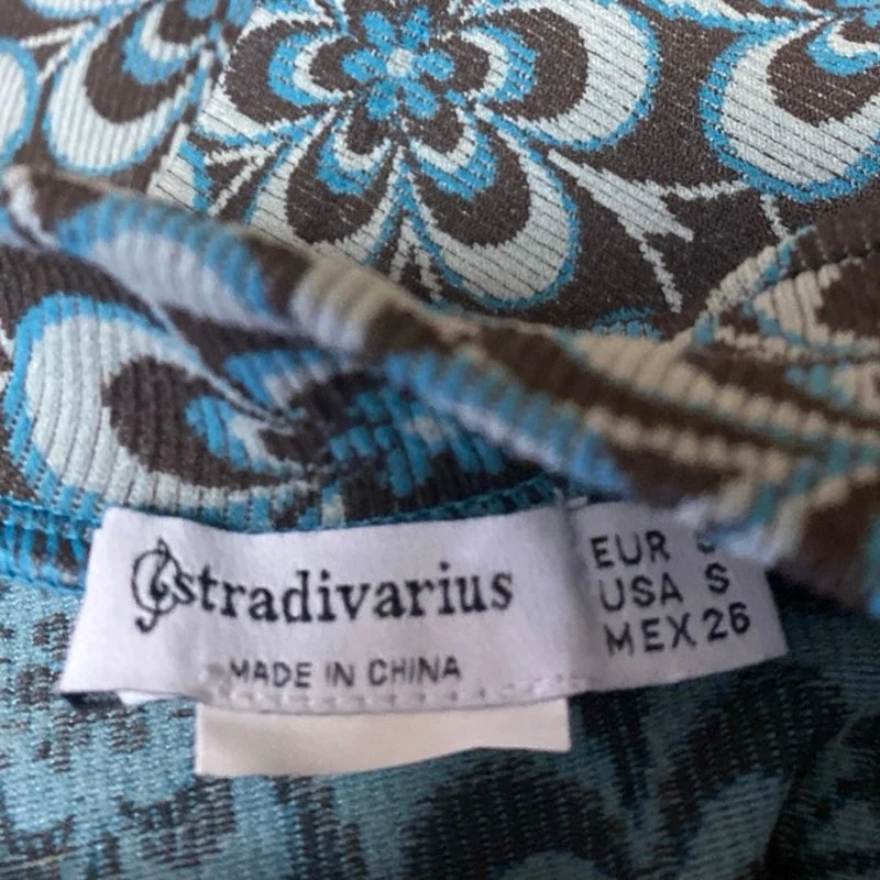 Stradivarius Blue Brown Floral Knit Mock Neck Long Sleeve Crop Sweater Top Sz S - Image 3