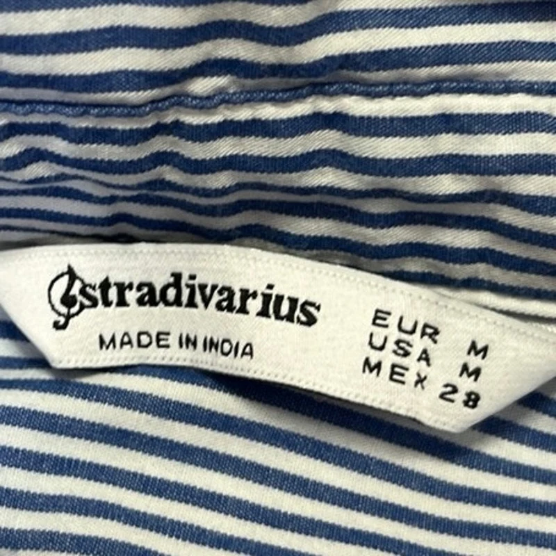 Stradivarius Women's Blue White Striped Long Sleeve Button Down Shirt Top Sz M - Image 3